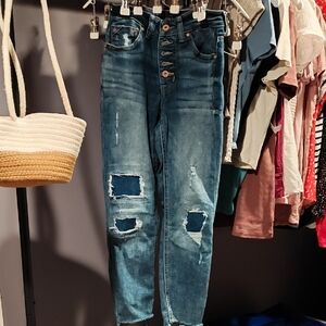 Maurices Blue High-Rise Distressed Button-Fly Jeans